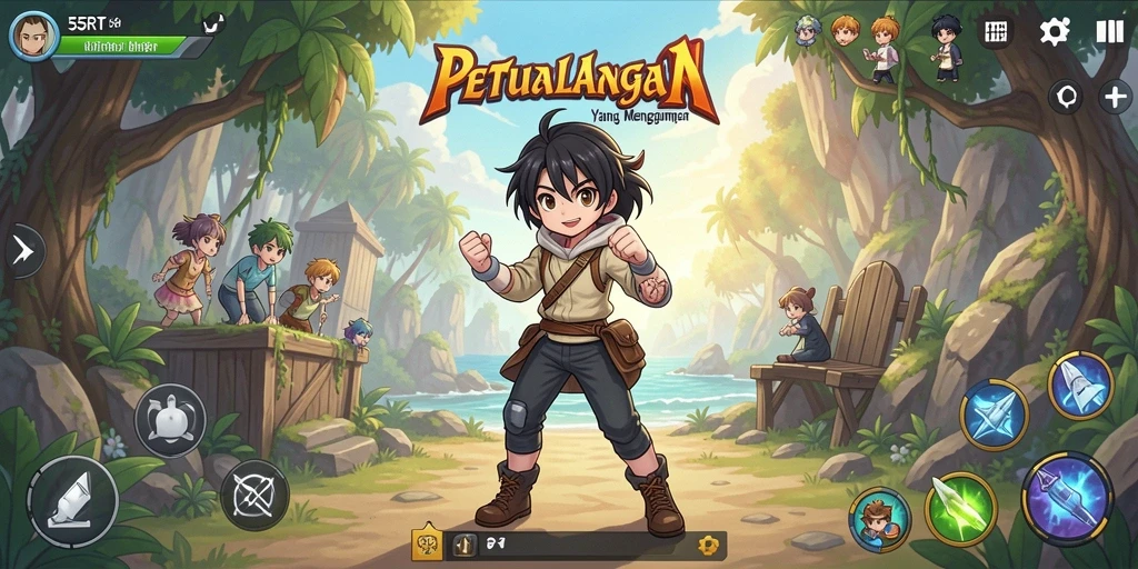 Screenshot gameplay 55RT menampilkan pertarungan seru dengan karakter anime.