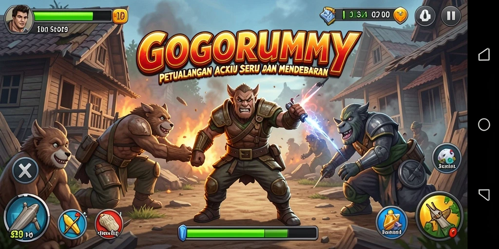 Tangkapan layar GOGORUMMY menampilkan aksi pertempuran yang intens.