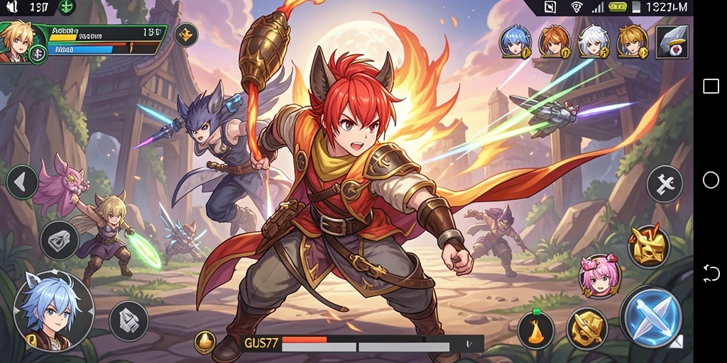 Tampilan gameplay GUS77 dengan karakter anime yang dinamis dan penuh warna.