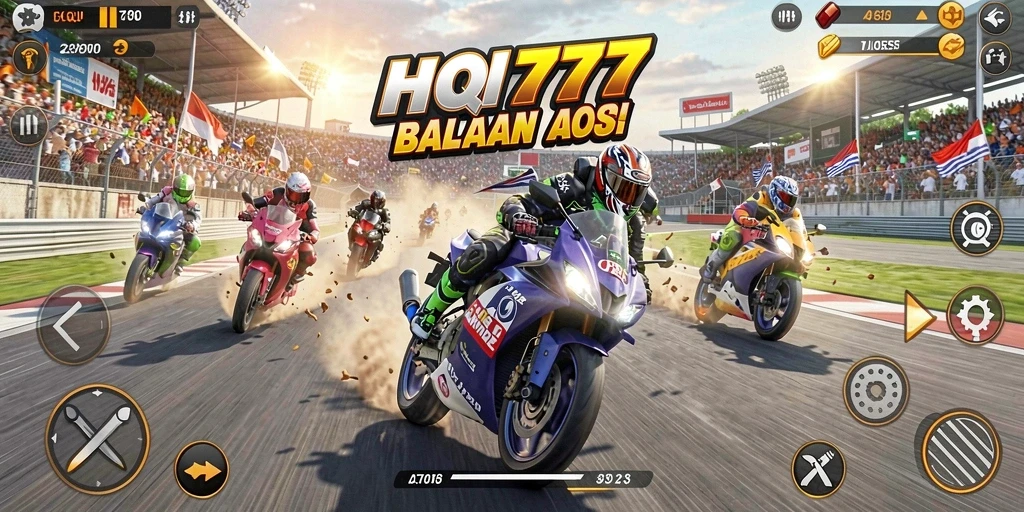 Gameplay mendebarkan HQ777 di lintasan balap motor.