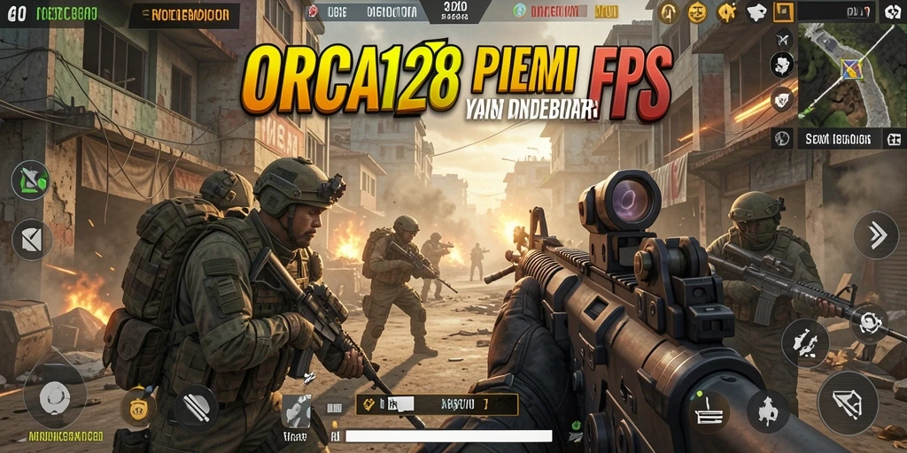 Tangkapan layar gameplay <strong>ORCA128</strong> menunjukkan aksi seru dalam pertempuran FPS.