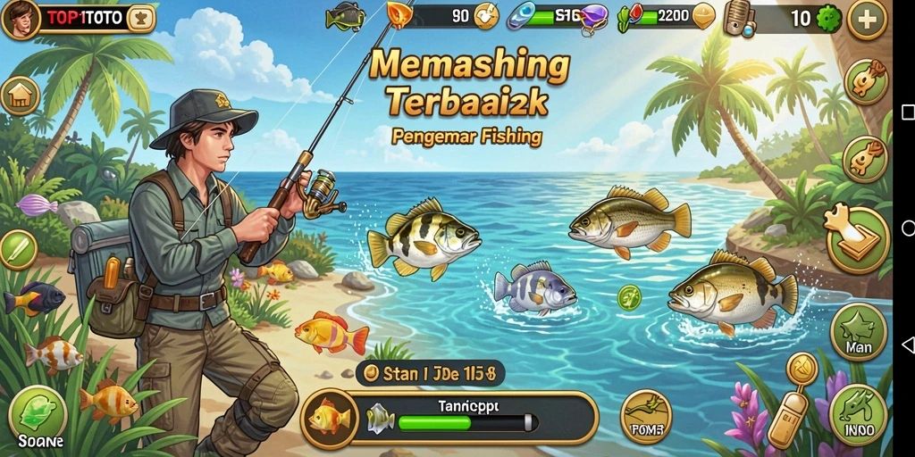 Screenshot gameplay TOP1TOTO menampilkan momen menangkap ikan di perairan yang indah.